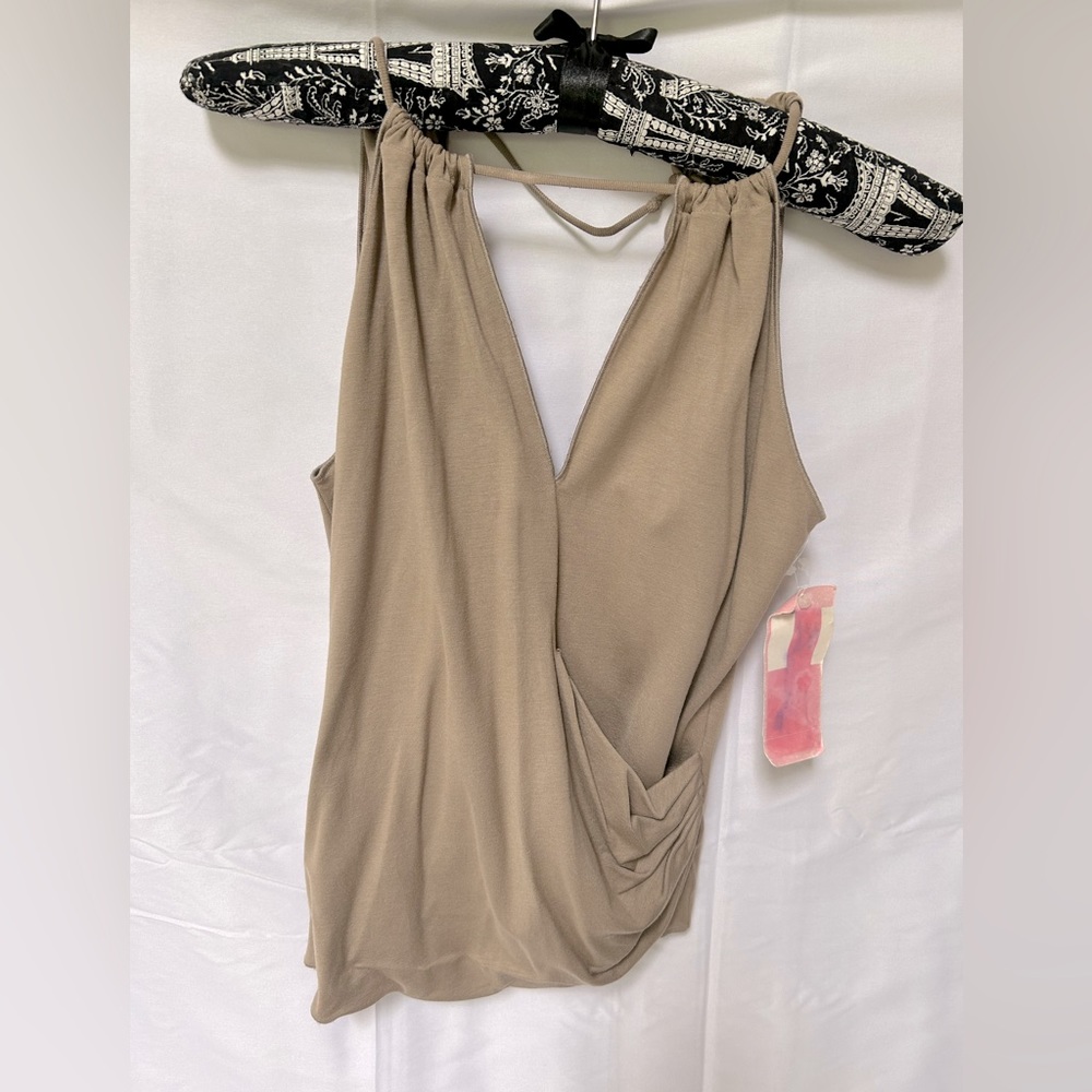 Armani Collezioni taupe string tie tank top with ruched side bottom pocket. Sz6